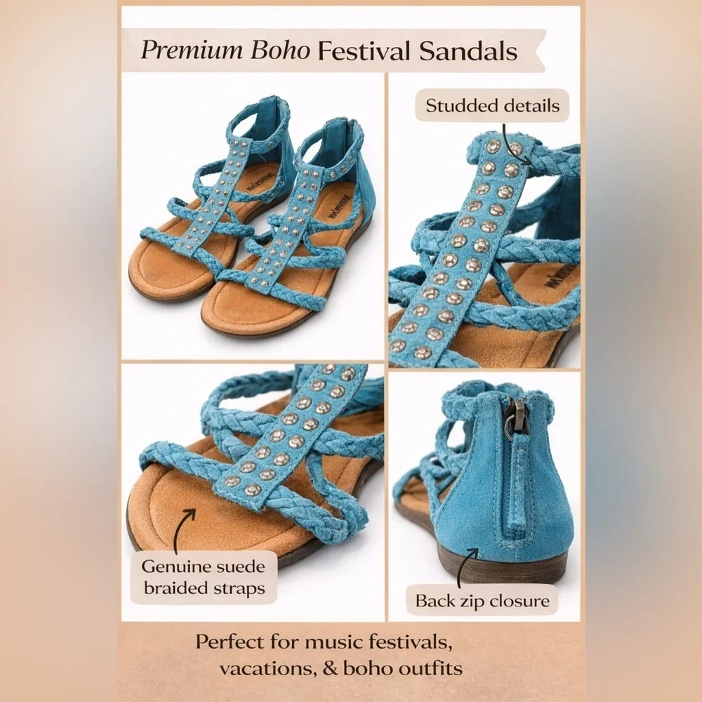 Minnetonka boho festival suede gladiator studded hippie chic sandal in turquoise